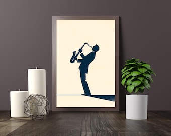 Arte de pared imprimible minimalista de saxofonista de jazz / Impresión digital de silueta musical
