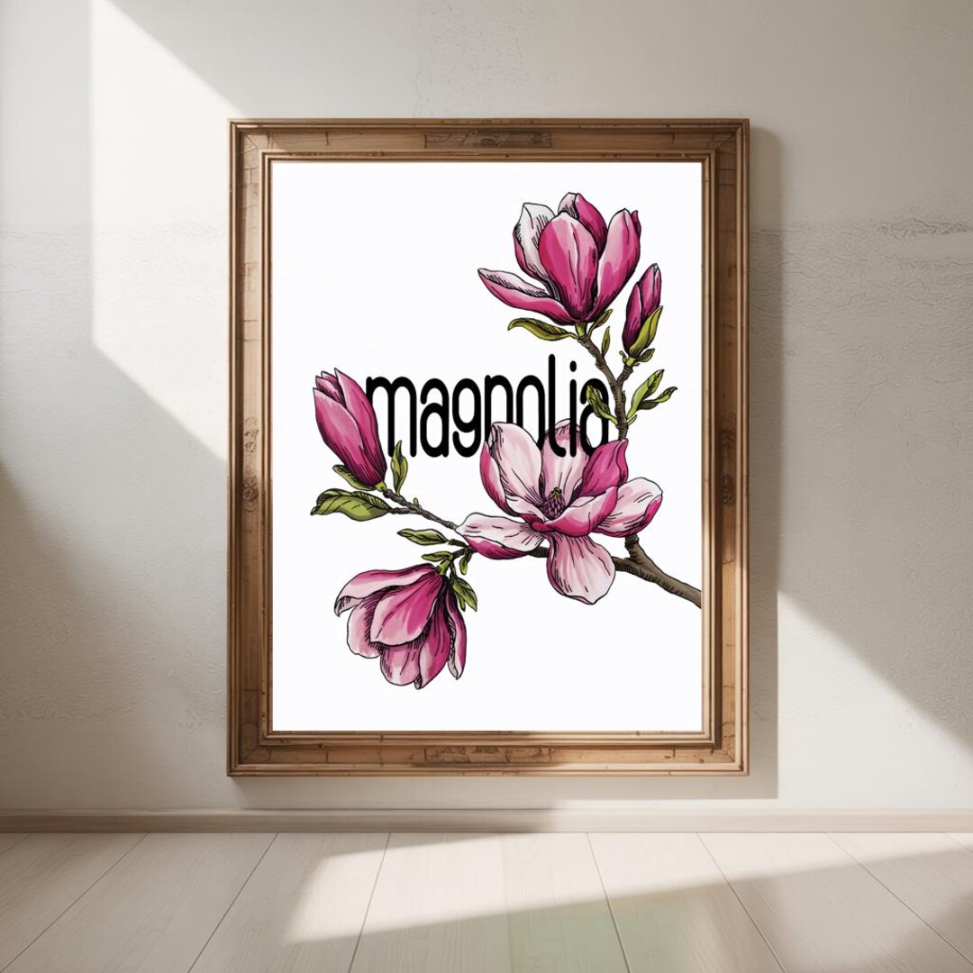Magnolia Flower Art Print | Pink Botanical Wall Decor Digital Download ...