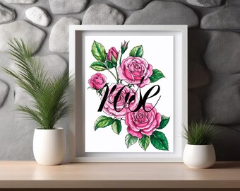 Pink Rose Flower Wall Art | Botanical Digital Download for Home Decor