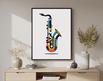 Arte de pared imprimible minimalista de saxofonista de jazz / Impresión digital de silueta musical