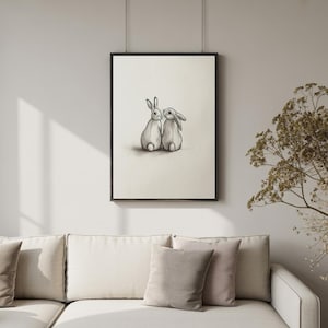 Minimalist Bunny Couple Print – Cute Black and White Line Art
