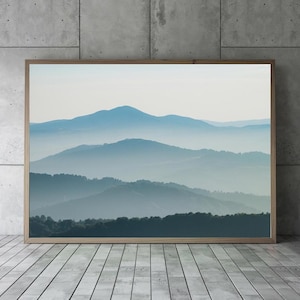 Blue Mountain Layers Wall Art – Misty Landscape Print, Tranquil Nature Poster, Digital Download, Serene Wall Decor