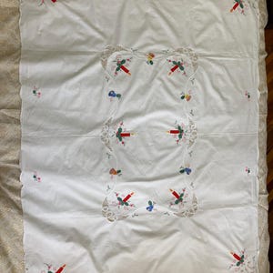 Vintage Christmas embroidered by hand tablecloth napkin.  Christmas handmade tablecloth, Christmas vintage decor