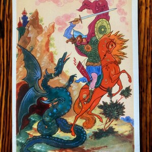 Vintage Postkarte Märchen „Dobrynya Nikitich und die Schlange“ 1963, sowjetische Postkarte, Kunst, Illustration