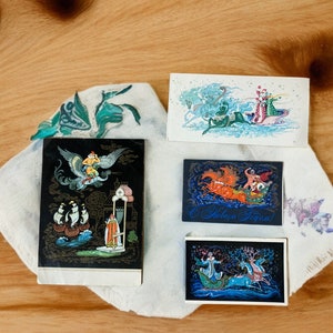 Set Vintage-Postkarten, 4 Stück, 1970er Jahre, sowjetische Postkarte, Kunst, Illustration, Druck, UdSSR, unbenutzt