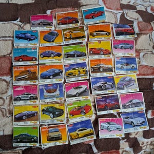 Vintage Turbo Gum Car Cards – 33 Piece Sport & Classic Cars Bubble Gum Inserts 1990s. Gum wrappers 1990s. Gum liners. Gum wrappers turbo