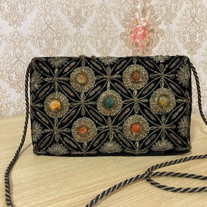 Vintage black velvet evening bag with handmade gold stitching. Vintage Black Velvet ZARDOZI Evening Bag Gold Stitching Semi Precious Stones