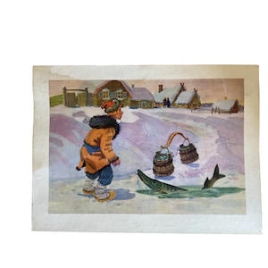 Pintura mural infantil vintage sobre o tema dos contos populares "A mando do lúcio", URSS, Kharkiv