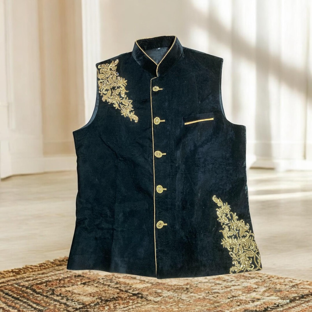 Men's Embroidered Indian Black Vest - Etsy