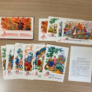 Set Vintage-Postkarten, 16 Stück, „Leninskaya Pravda“, 1968 Bokarev, sowjetische Postkarte, Kunst, Illustration, Druck, UdSSR, unbenutzt, Bokarev