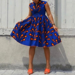 Blue African Print Midi Dress - Blue Midi Knee Length Dress - Handmade Women's Clothing For Parties - Afrocentric Fashion - Gift For Her