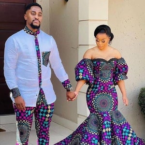 Couple African print, African couple outfit, African couple clothing, prom couple outfit, African dresses women, Ankara dresses for couple image 1