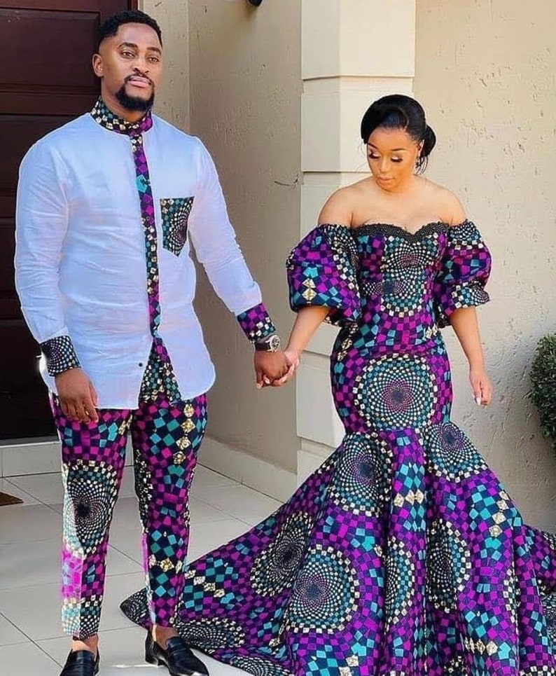Couple African print, African couple outfit, African couple clothing, prom couple outfit, African dresses women, Ankara dresses for couple image 1