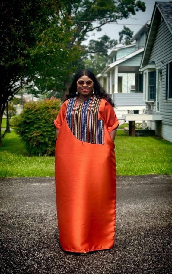 Orange silky long sleeve panelled dress hot sale
