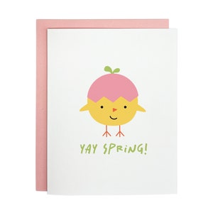 May include: A white greeting card with a pink envelope features a cartoon chick emerging from a pink eggshell. The chick is yellow with a smiling face and green sprout. The words "YAY SPRING!" are written in green.