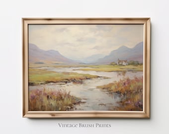 Rustic River Landscape Vintage Moutain Painting Farmhouse Decor Cottage Wall Art Moody Cabin Print Neutral Wall Printable