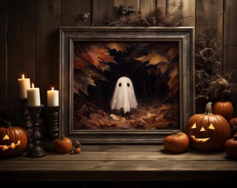 Impresión vintage de fantasmas de Halloween: Arte mural de un bosque otoñal espeluznante (descarga digital)