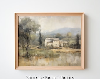 Vintage Landscape Painting: Country Farmhouse Wall Art (Digital Download)