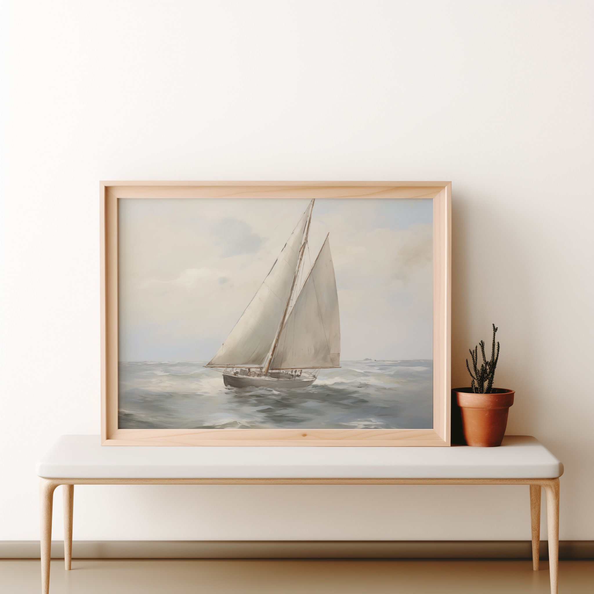 Vintage Sailboat Seascape Painting: Coastal Nautical Wall Art (digital ...