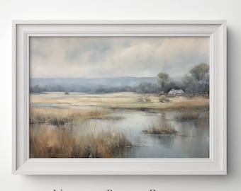 Vintage Landscape Painting: Country Cottage Farmhouse Art (Digital Download)