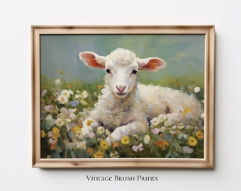 Easter Lamb Wildflower Art: Spring Farmhouse Print (Digital Download)