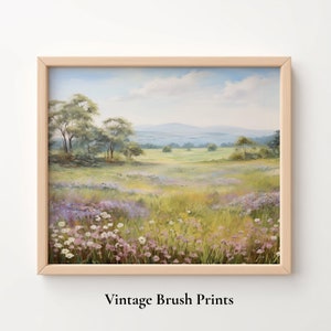 Wildflower Field Landscape Painting, Farmhouse Print, Cottage printable decor, Vintage Flower Art