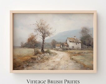 Vintage Farmhouse Landscape Painting: Country Cottage Wall Art (Digital Download)