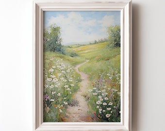 Printable Wildflower Field Oil Painting Rustic Countryside Landscape Art, Farmhouse Wall Print, Cottage Core, Vintage Spring Wall Art