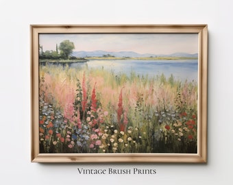 Wildflower Field Landscape Painting, Cottage Decor, Country Wall Art Digital Download, Vintage Landscape Art Print