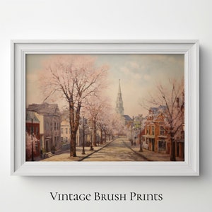 Peut inclure: Une peinture vintage représentant une scène de rue avec un clocher d'église au loin. La rue est bordée d'arbres en fleurs, et les bâtiments sont peints dans des couleurs douces. La peinture a une ambiance chaleureuse et nostalgique.