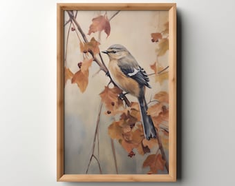 Vintage Bird Oil Painting: Rustic Autumn Wall Art (Printable)