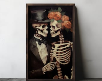 Op de afbeelding: Een schilderij van twee skeletten gekleed in trouwtenue. Het mannelijke skelet draagt ​​een zwart smoking met een strik en een hoge hoed. Het vrouwelijke skelet draagt ​​een witte jurk met een bloemenkrans. De skeletten kijken elkaar aan en lijken verliefd te zijn.