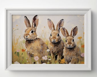 Impression vintage lapin fleurs sauvages : décoration printanière pour chambre d'enfant (téléchargement numérique)