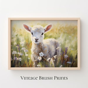 May include: A white lamb with a fluffy coat stands in a field of wildflowers. The lamb is looking directly at the viewer with a sweet expression. The background is a soft, blurry green and yellow.