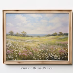 Wildflower Field Landscape Painting, Farmhouse Print, Country Wall Art Digital Download, Vintage Landscape Art Print, Cottage Decor