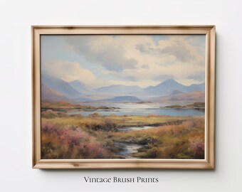 Vintage River Landscape Rustic Moutain Painting Farmhouse Decor Cottage Wall Art Moody Cabin Print Neutral Wall Printable