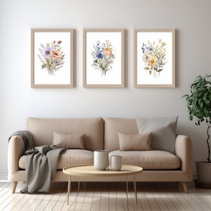 Floral Watercolor Print Set Of 3, Wildflower Field Wall Art, Printable Colorful Flower Artwork, Digital Download