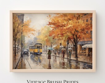 Vintage Autumn Cityscape Art Print: Rustic Fall Decor (Digital Download)