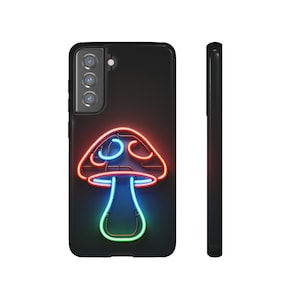Könnte beinhalten: Eine schwarze Handyhülle mit einem Neon-Design in Rot, Blau und Grün, das einen Pilz darstellt. Der Pilz ist mit Neonlichtern umrandet.