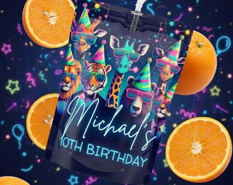 Neon Party Animals Juice Pouch | Custom Jungle Birthday Favor | Printable Juice pouch Label | Kid's Glow Party Decor, Safari Jungle Party