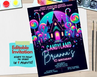Puede incluir: Invitación editable para una fiesta de cumpleaños con temática de Candyland. La invitación presenta un castillo de color rosa y azul neón con bastones de caramelo y piruletas. El texto dice "Candyland Brianna's 10 Birthday".
