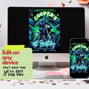 May include: A digital invitation for a 10th birthday party with a green and black motocross theme. The invitation features a graphic of a person riding a dirt bike with the text "Cooper's 10th Birthday" in neon green.