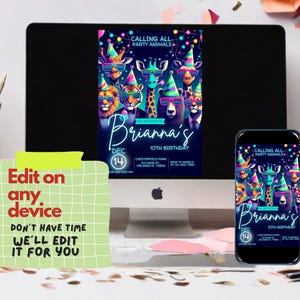 Party Animals Birthday Invitation Editable Template for Kids | Customizable Canva Invite for Fun Animal-Themed Party, Neon Any Age invite image 2