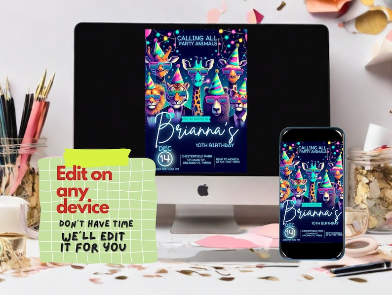 Party Animals Birthday Invitation Editable Template for Kids | Customizable Canva Invite for Fun Animal-Themed Party, Neon Any Age invite image 2
