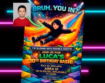 Inflatable Slide Birthday Invitation | Party Invite | Foam Pit Theme | Boys Birthday Bash Invite