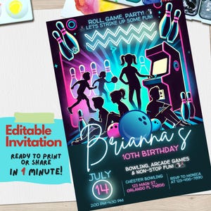 Bowling & Arcade Geburtstagseinladung | Glühen Kegelparty | Videospiel-Geburtstags-Einladung | Kinder Tween Teen Party | Bearbeitbare Vorlage