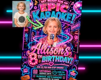 Custom Karaoke Birthday Invitation with Photo, Neon Sing Party Invite, Personalized Girls Pop Star Singing Party