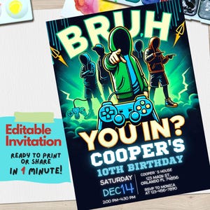 Convite legal de aniversário para adolescentes, modelo de festa de jogos, design digital editável Canva para adolescentes, convite para meninos, jogador, videogames, convite