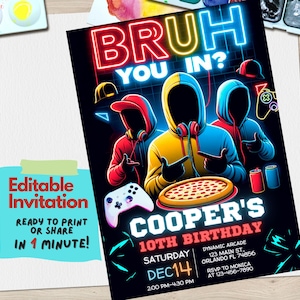 Convite de aniversário para adolescentes, modelo de festa Bruh You In, tema de jogos, basquete, pizza e música, download digital editável do Canva, pré-adolescentes