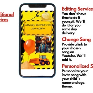 May include: A digital invitation for a construction-themed birthday party. The invitation features a yellow background with black and yellow caution tape, a construction crane, a toy dump truck, a pile of sand, and a red balloon. The invitation also includes a photo of a child wearing a construction worker costume. The text on the invitation reads "Saturday, December 14th 2:00-4:00PM".